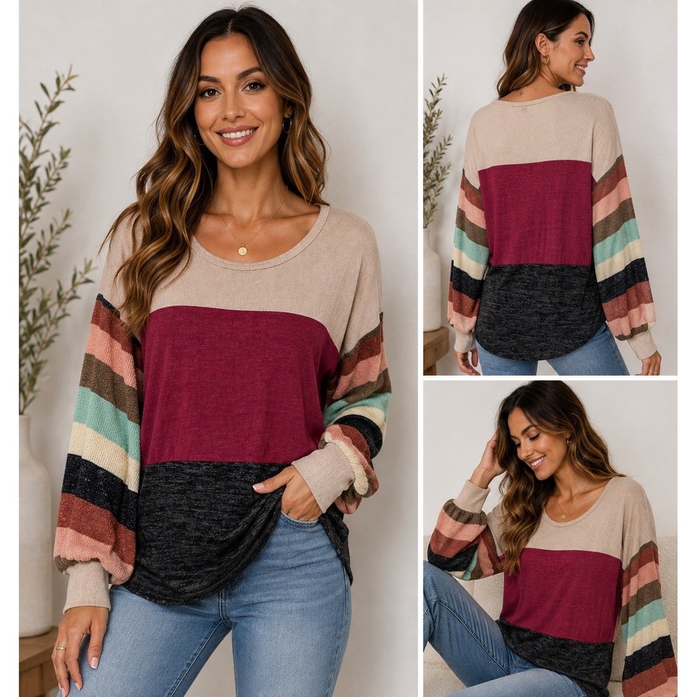 BiBi Color Block Stripe Sleeve Knot Top Women's M Boho Casual